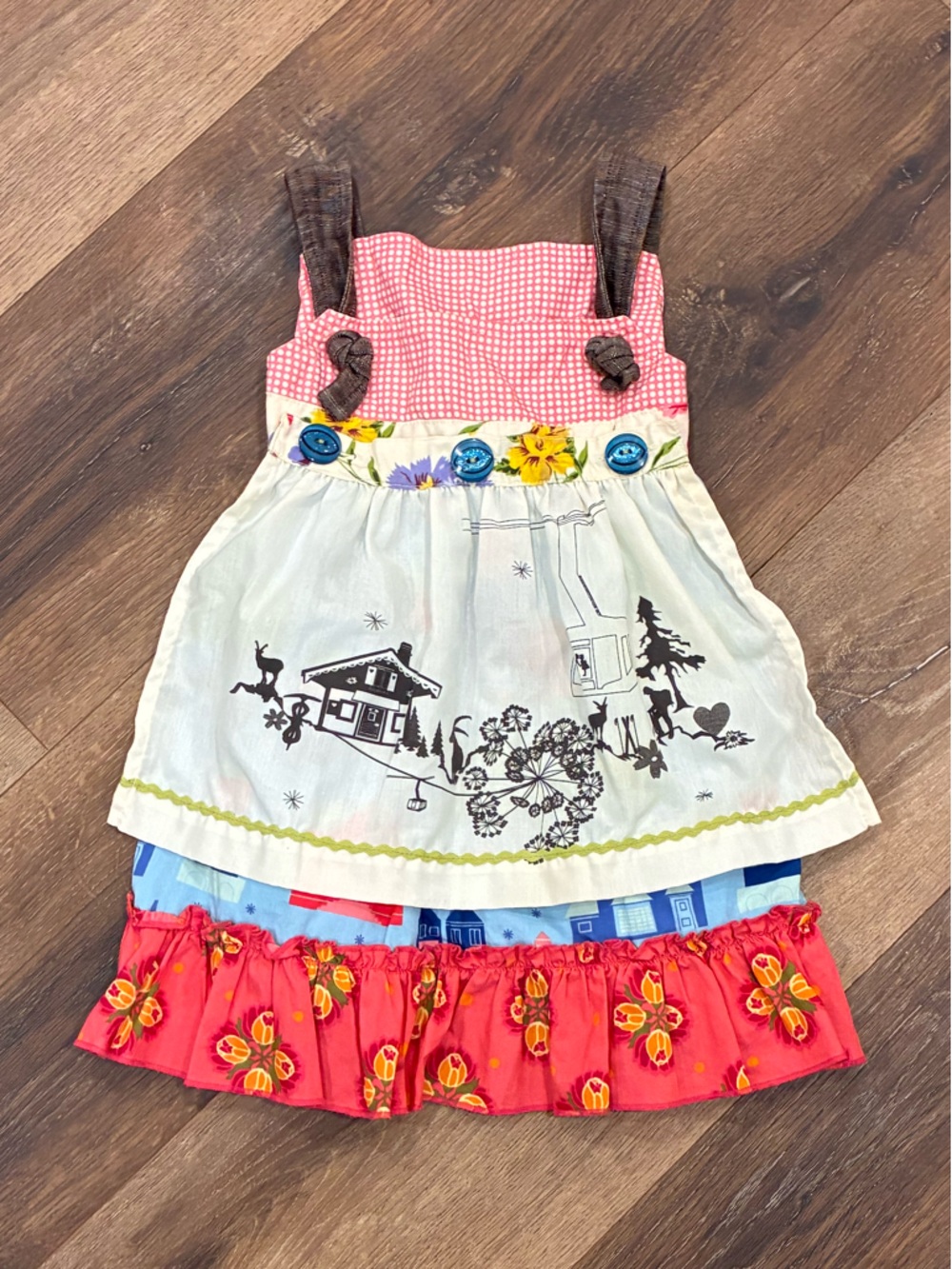 Matilda Jane Vintage Sugarland Apron Knot Dress Village Ski Lift Floral 18m